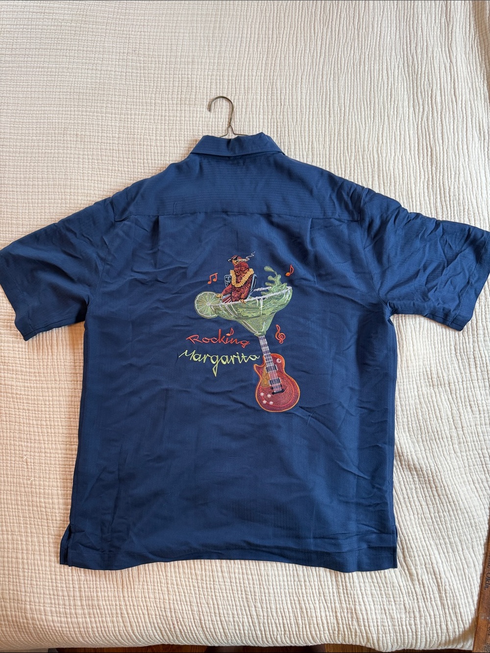 Caribbean Navy Short-Sleeve Button-Down Shirt with Colorful Embroidery